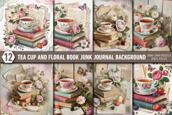 Download Tea Cup Floral Book Junk Journal Page - Premium Bundle