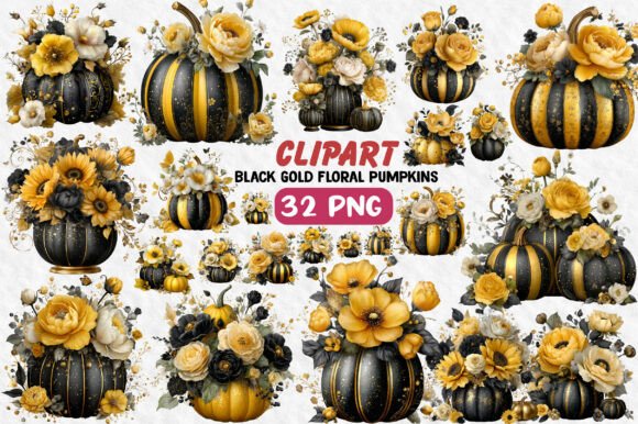 Download Black and Gold Floral Pumpkins Clipart - Gold floral Collection