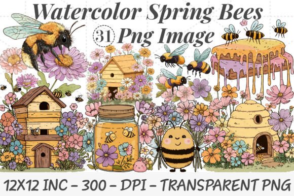 Download Watercolor Spring Bees PNG Clipart - Bees Collection