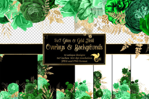 Download 5x7 Green and Gold Floral Overlays - Gold floral Collection
