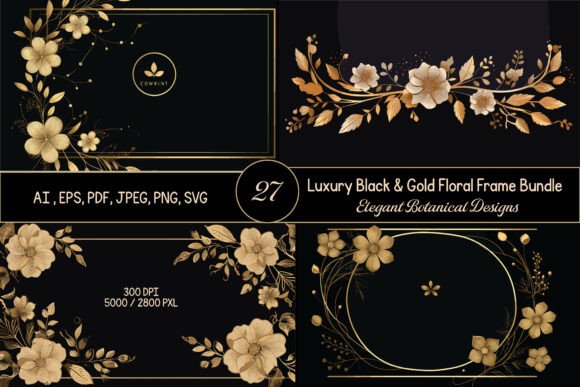 Download Luxury Black Gold Floral Frame Bundle - Gold floral Collection